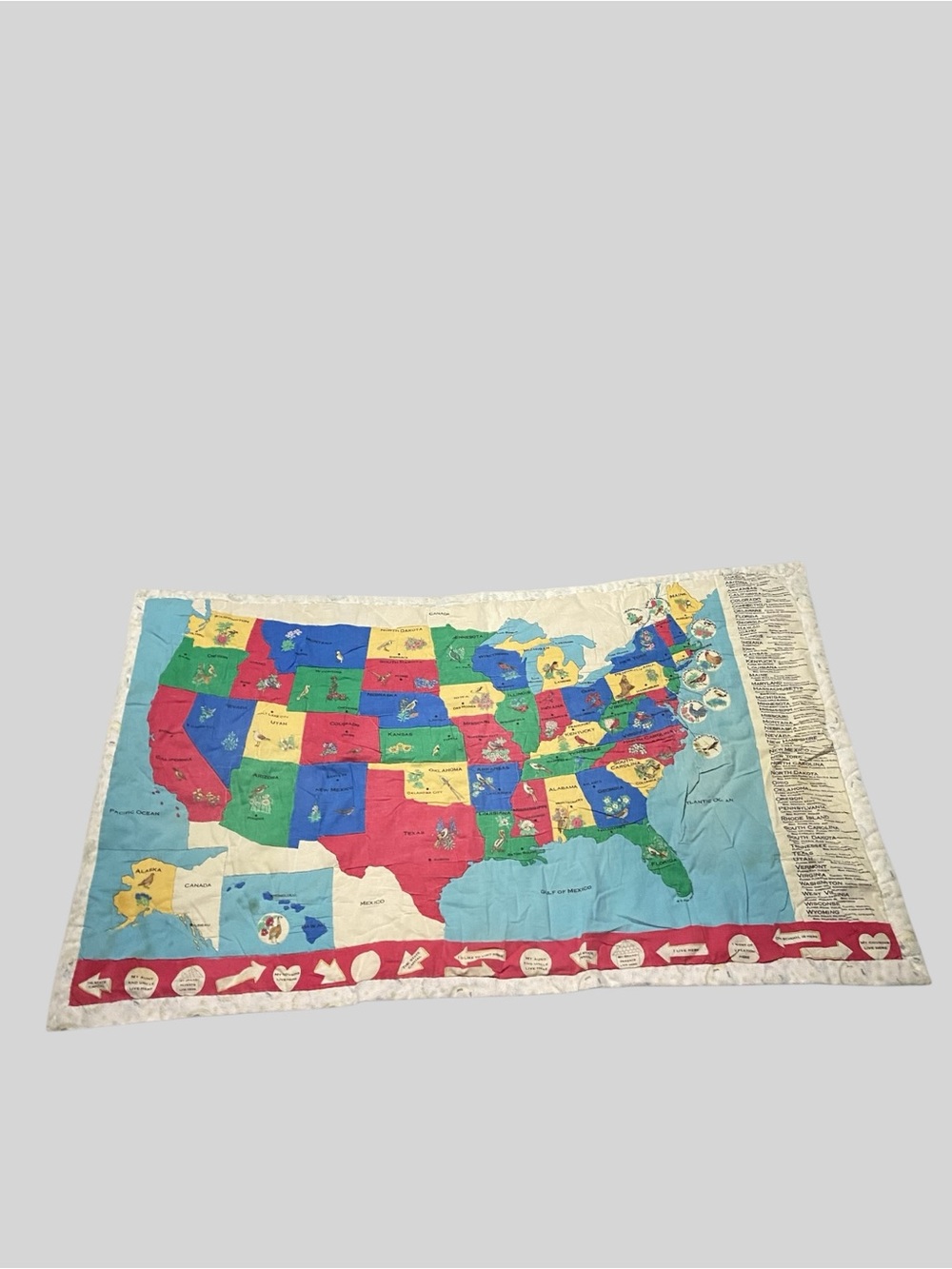 Vintage United States Wall Hanging Quilt Map State Flower/Bird Classroom Decor